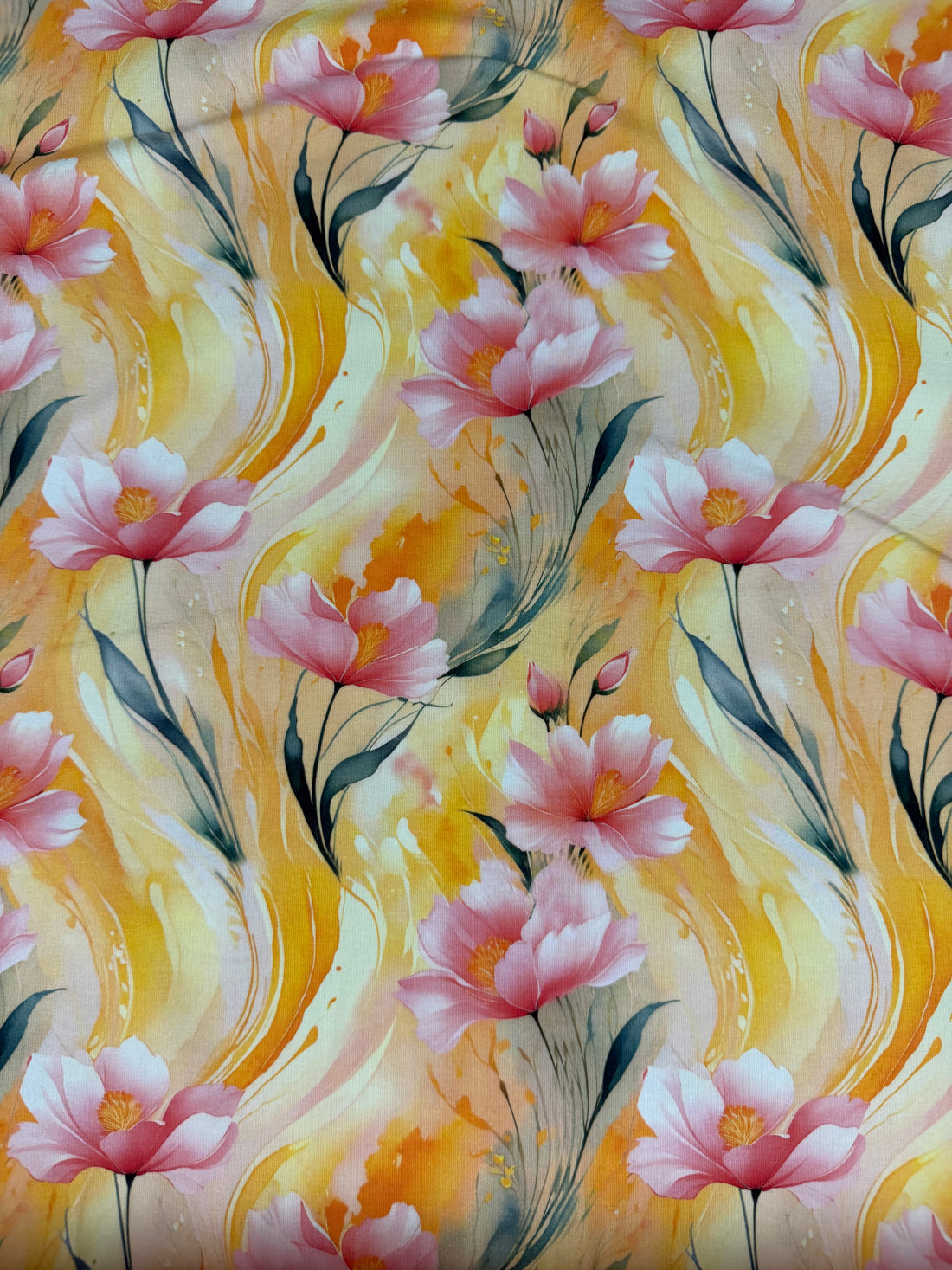 Lyserøde blomster på gul baggrund blomster- Bomulds Jersey