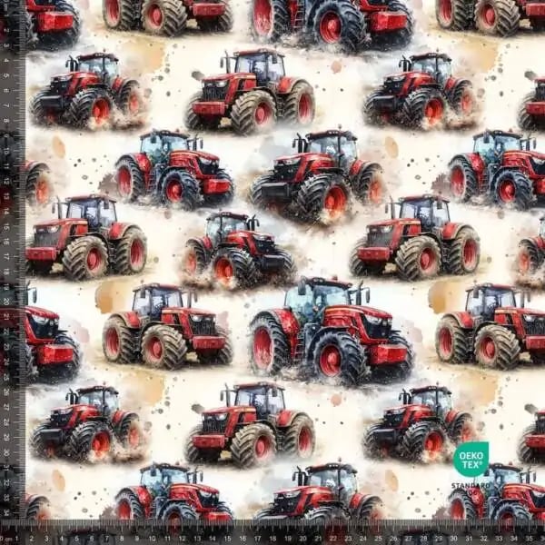 Røde traktorer på råhvid baggrund - bomulds Jersey