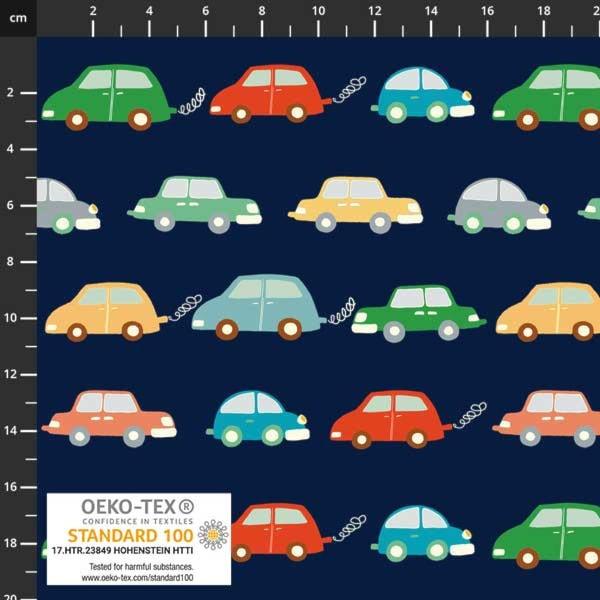 Biler på mørkeblå baggrund - Bomuldsjersey