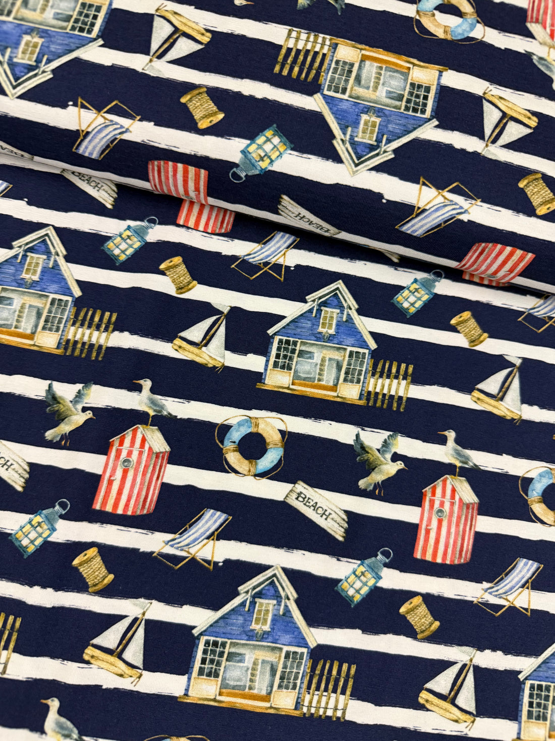 Skønne badehus/ strand tema - Bomuldsjersey