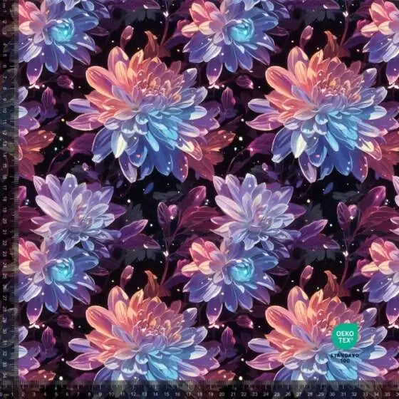 Lilla/gyldne dahlia blomster- Bomulds Jersey