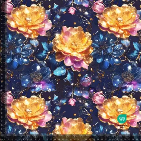 Blå og gyldne lotus blomster- Bomulds Jersey