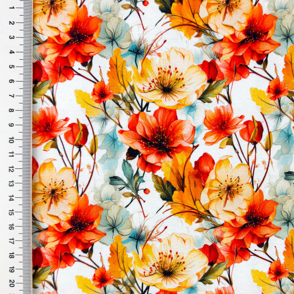 Orange og gule blomster- Bomulds Jersey