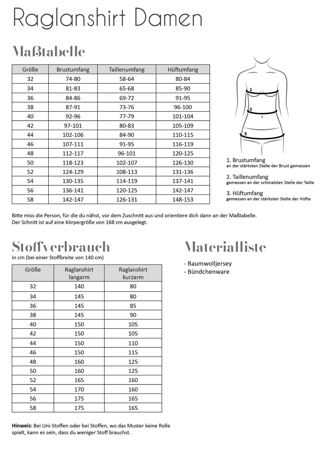 Raglan Bluse, DAME - Str 32 - 58 - Fadenkäfer - Stofsaksen